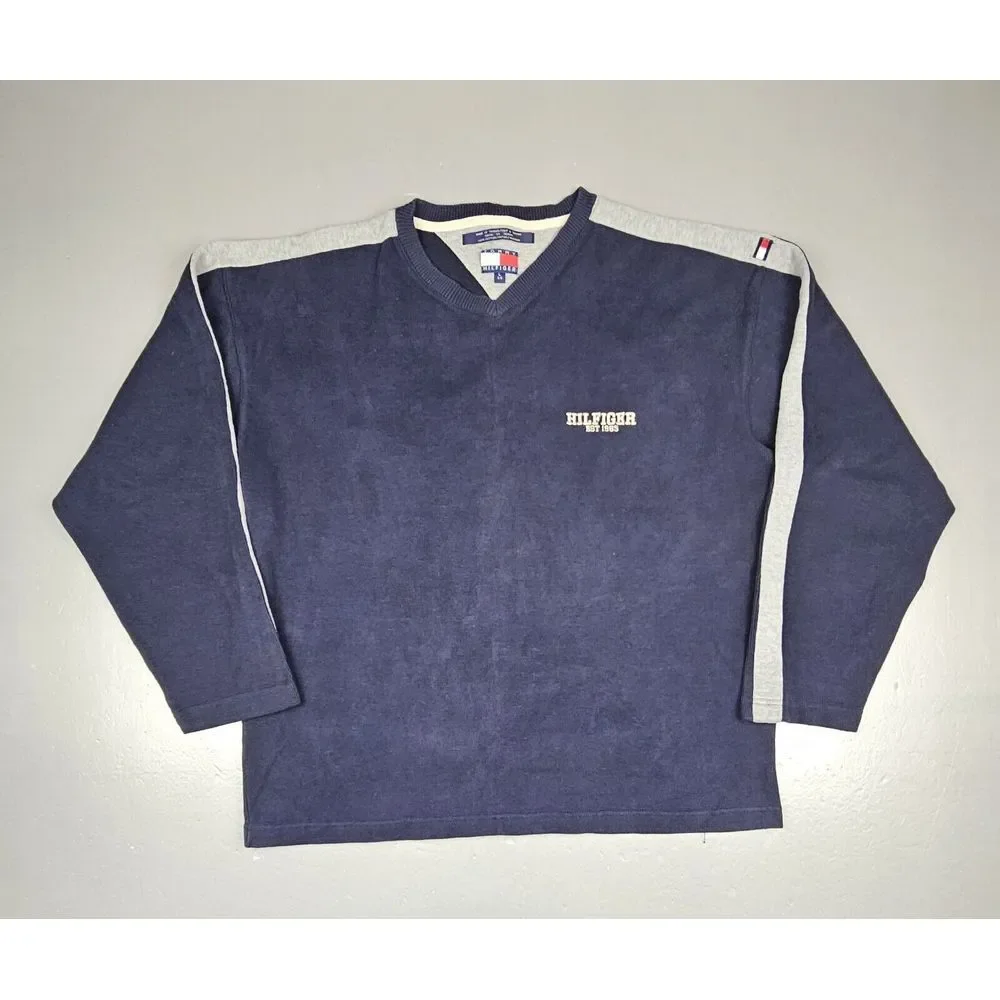 Tommy Hilfiger Sweater Mens Large. Blue White Logo Pullover Y2K Sweatshirt